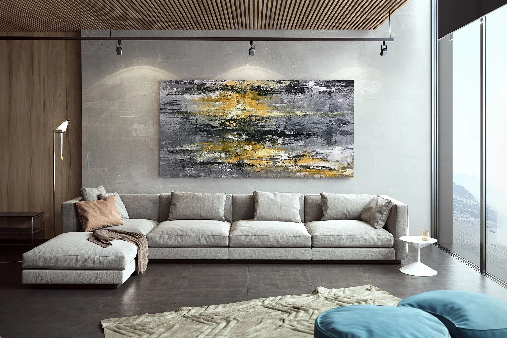 Large Black Grey Yellow Abstract Painting Office Decor Fp025