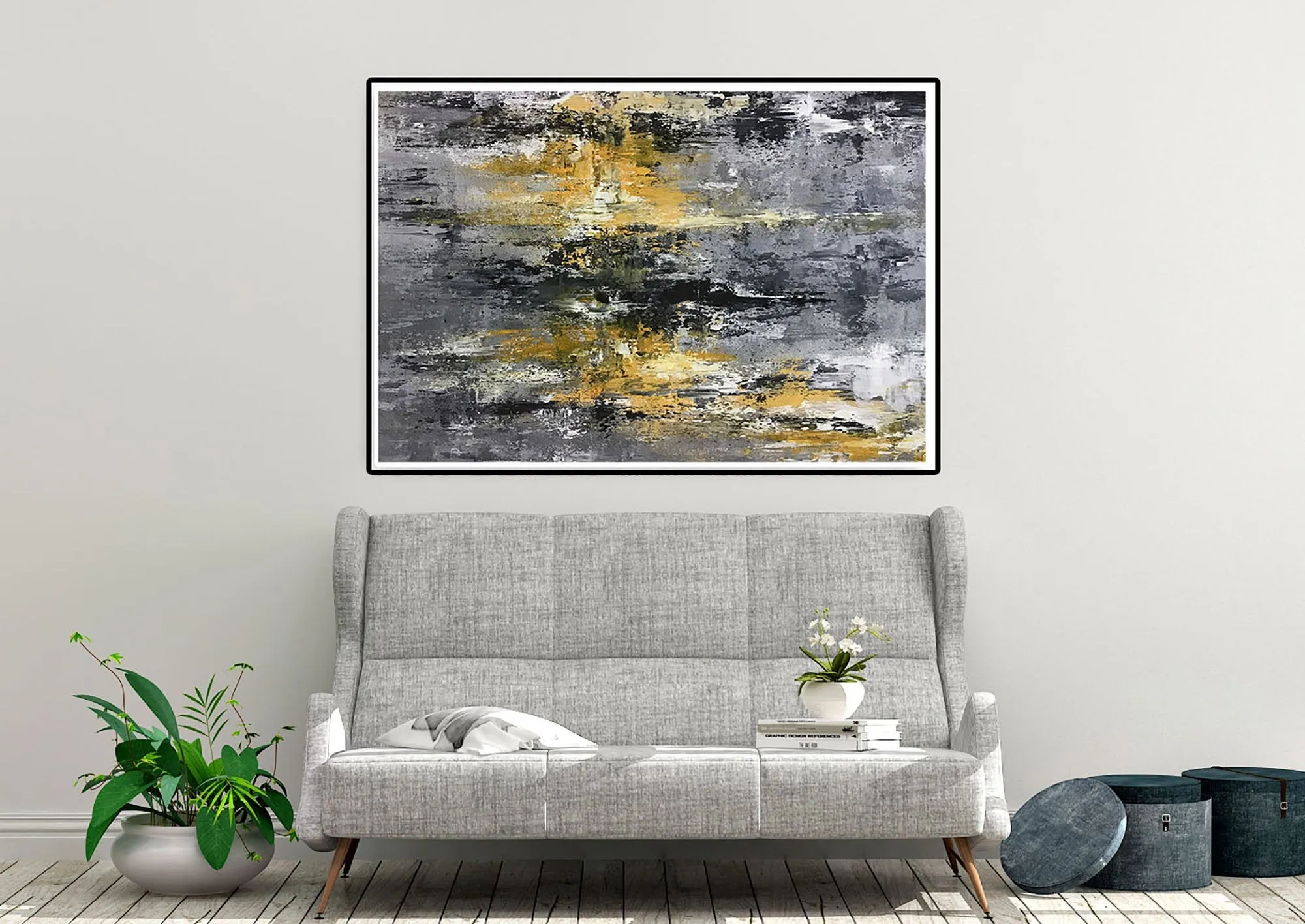 Large Black Grey Yellow Abstract Painting Office Decor Fp025